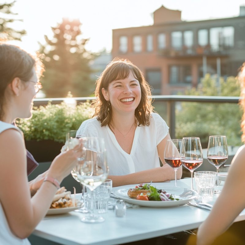 _ben123_37476_a_photo_of_three_friends_at_an_outdoor_dining_t_f4d5db3a-1623-461f-8d27-1b427da9ffee_0 a photo of three friends at an outdoor dining table, enjoying wine and food together in the city on summer evening. The woman to their right is smiling while she holds her hand out towards another person sitting across from them who has brown hair. They all wear white or light-colored . In the background you can see buildings and trees, with sunlight casting soft shadows over the scene. --ar 103:70 --v 6.1 Job ID: f4d5db3a-1623-461f-8d27-1b427da9ffee